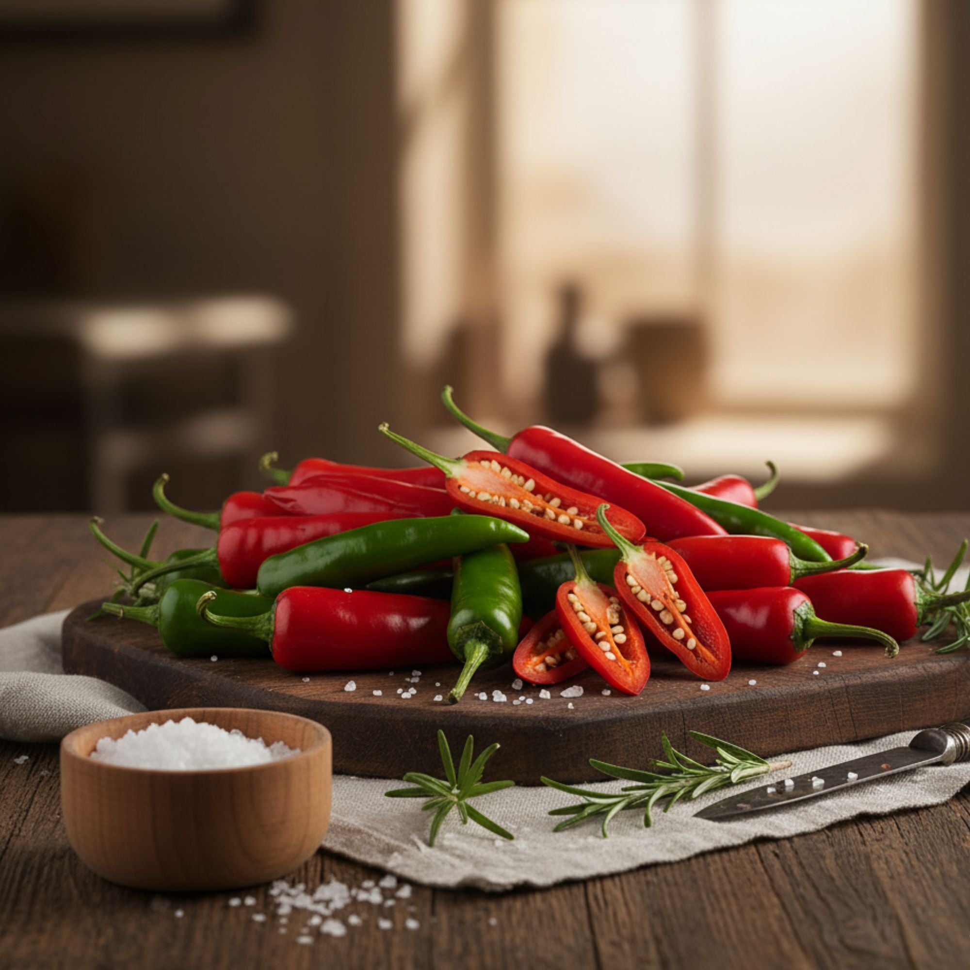 Assorted red and green peppers on a wooden cutting board with salt and rosemary.