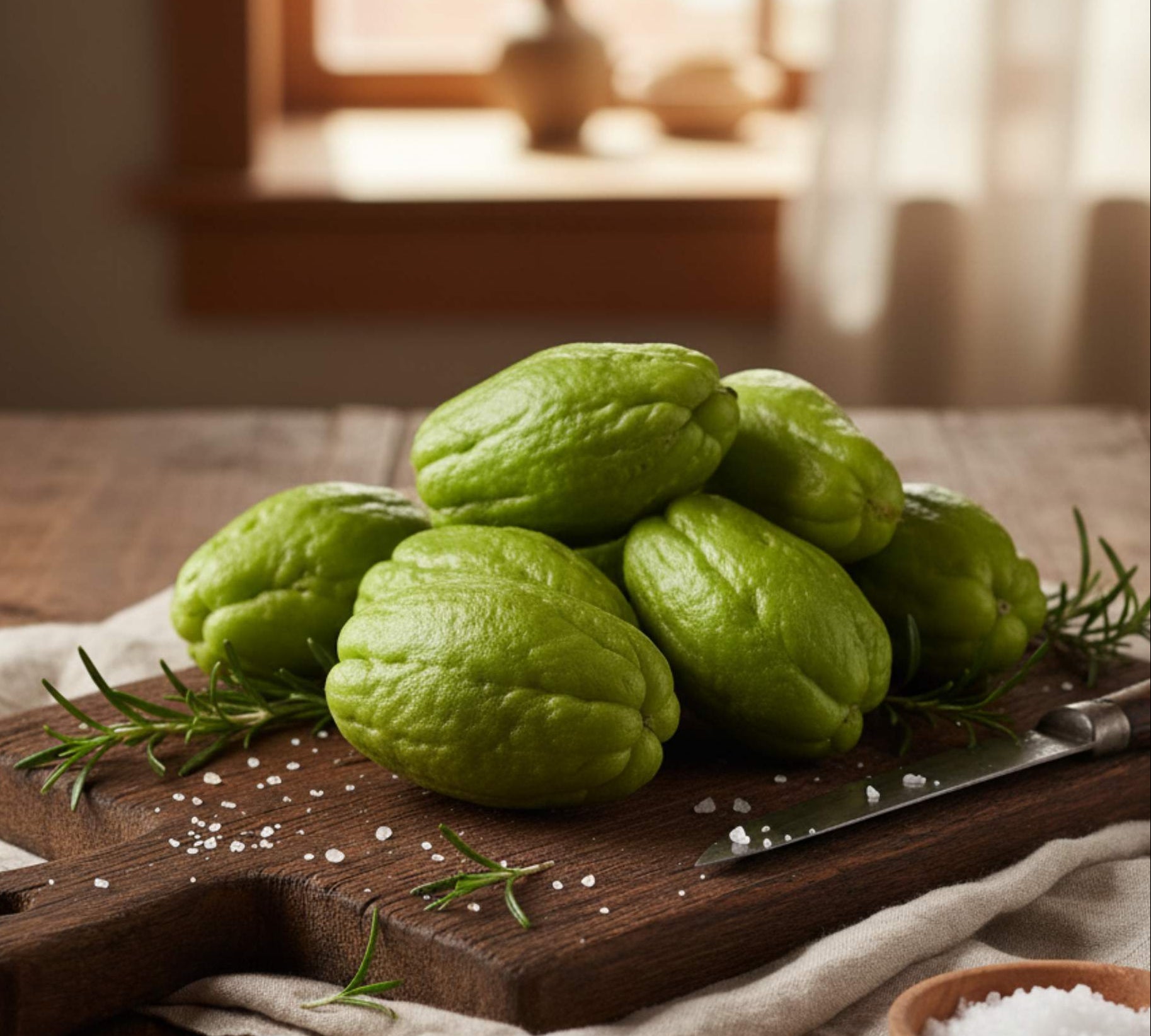 Green vegetables on a wooden cutting board with a rustic background