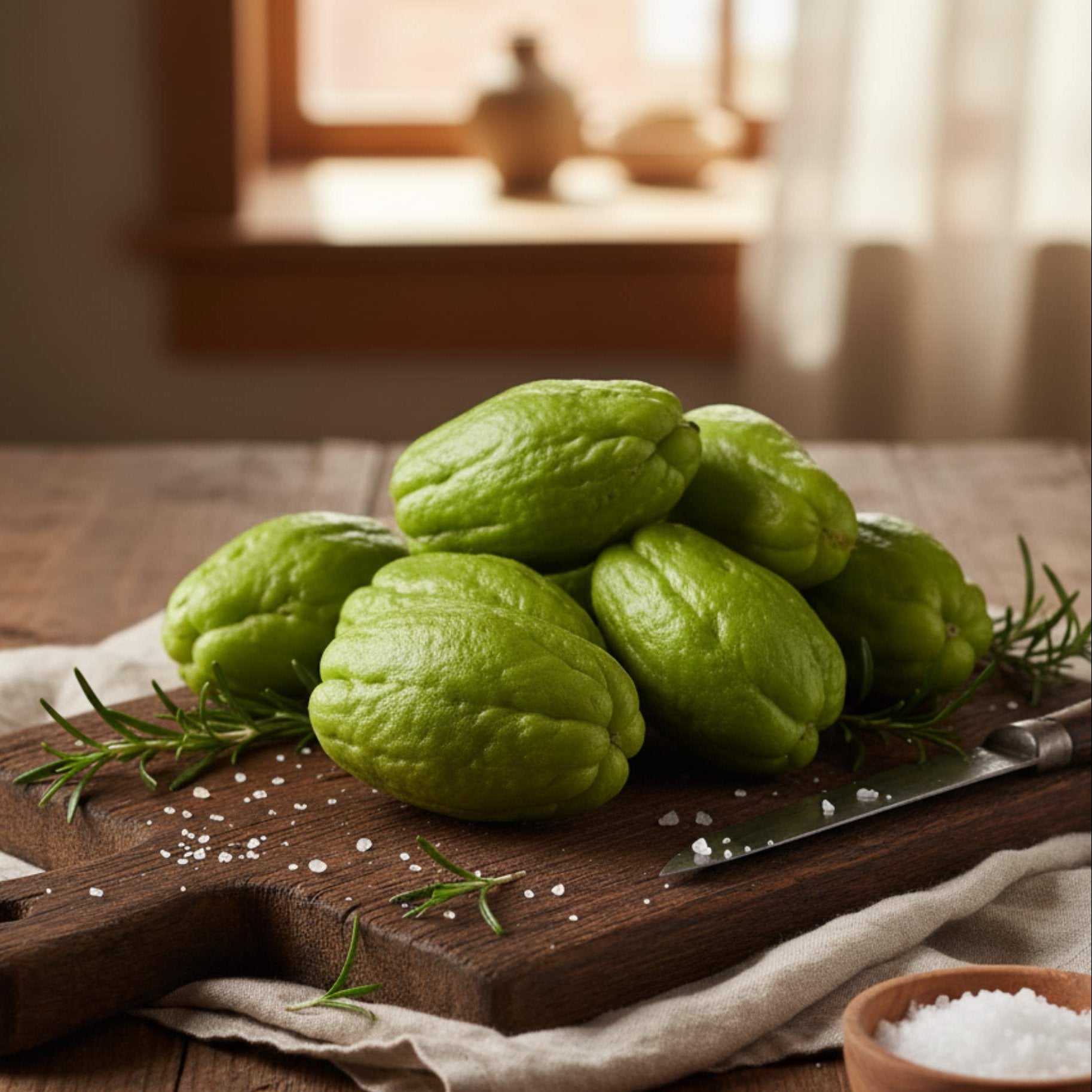 Green vegetables on a wooden cutting board with a rustic background