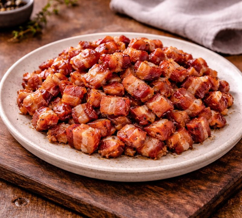 Bacon bits on a white plate with a wooden background
