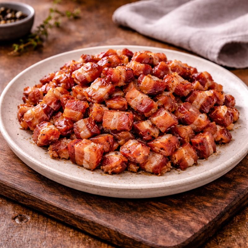 Bacon bits on a white plate with a wooden background