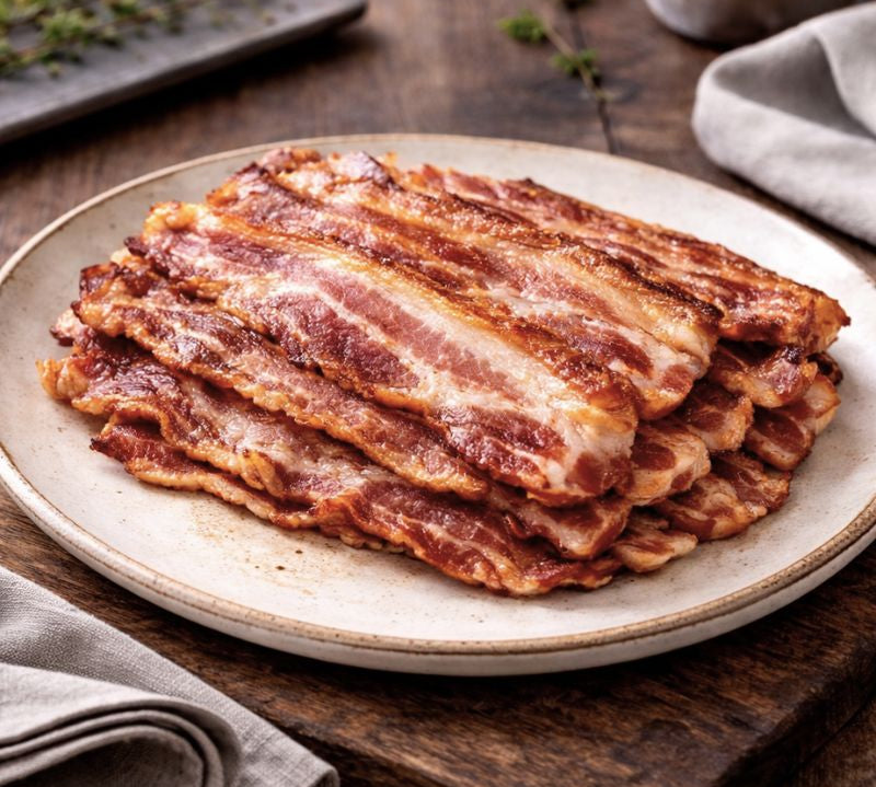 Stack of bacon on a ceramic plate with a wooden background