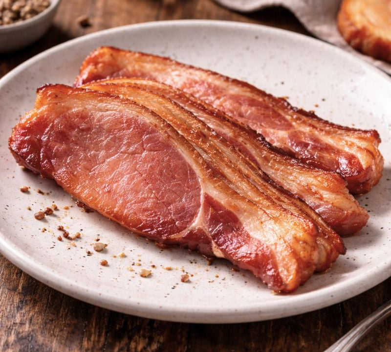 Slices of bacon on a white plate with a wooden background