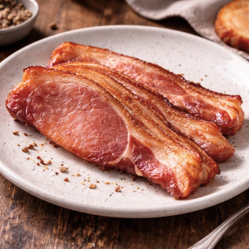 Slices of bacon on a white plate with a wooden background