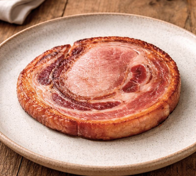 Round piece of cured meat on a ceramic plate with a wooden background
