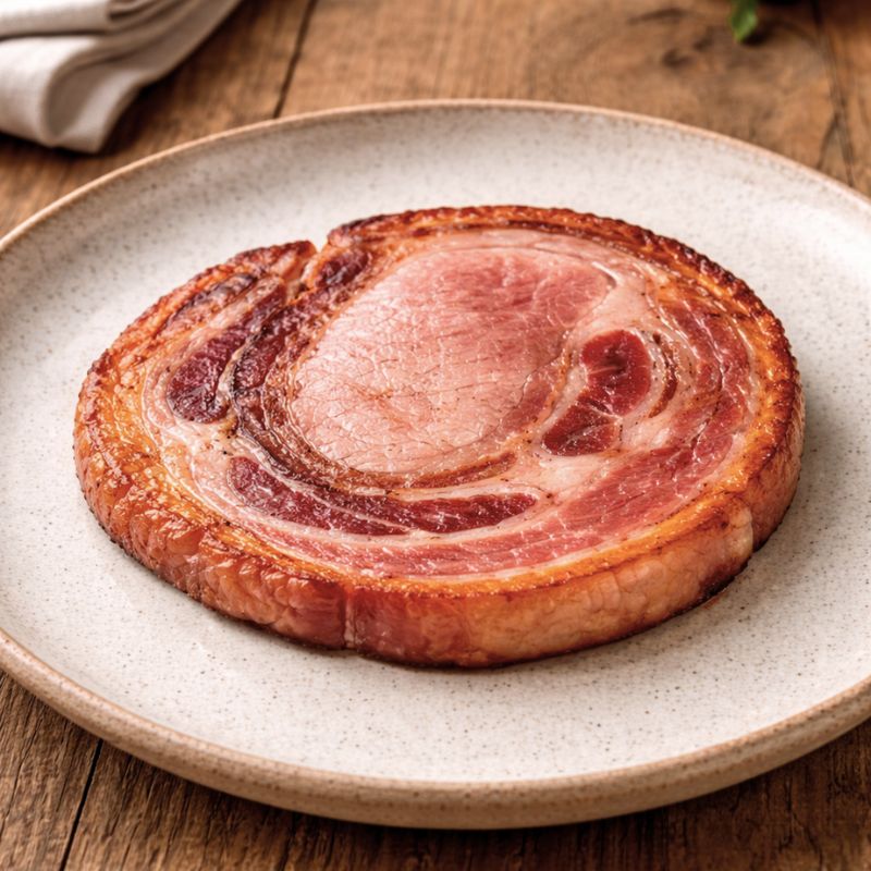 Round piece of cured meat on a ceramic plate with a wooden background
