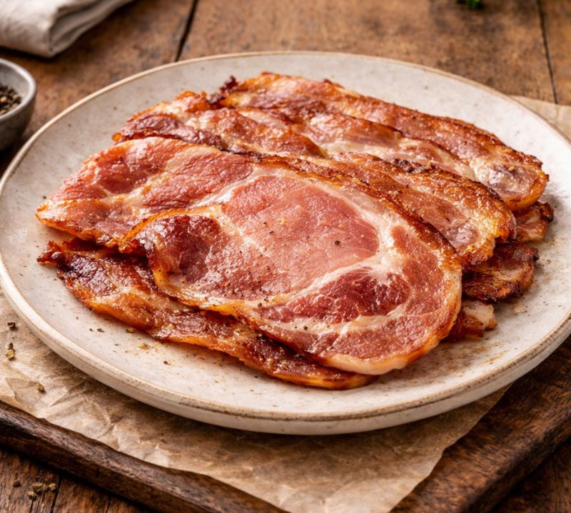 Slices of bacon on a ceramic plate with a wooden background