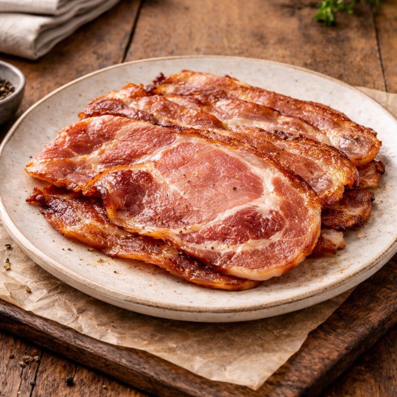 Slices of bacon on a ceramic plate with a wooden background