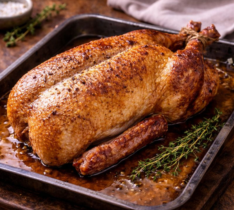 Roasted duck on a baking tray with herbs and a salt cellar in the background