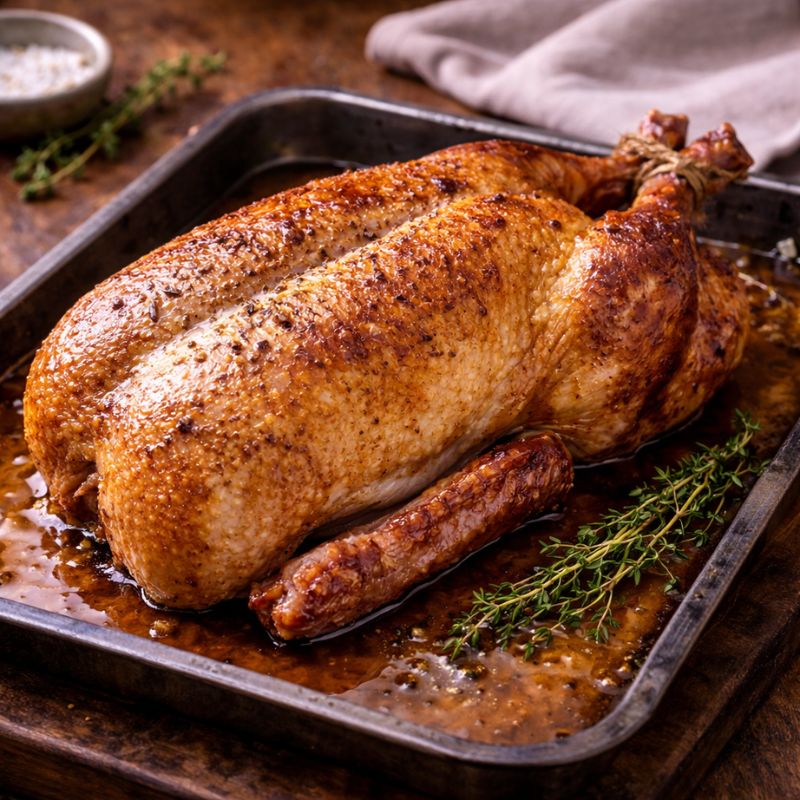 Roasted duck on a baking tray with herbs and a salt cellar in the background