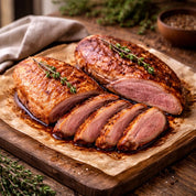 Sliced roasted duck breast on a wooden cutting board with herbs and spices in the background.