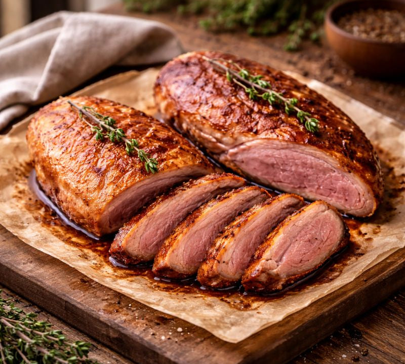 Sliced roasted duck breast on a wooden cutting board with herbs and spices in the background.