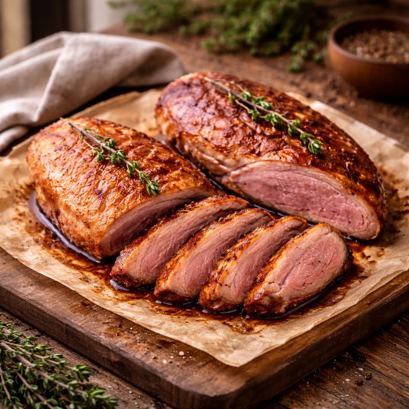 Sliced roasted duck breast on a wooden cutting board with herbs and spices in the background.