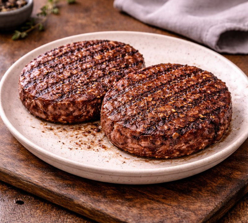 Two grilled goat hamburger patties on a white plate with a wooden background