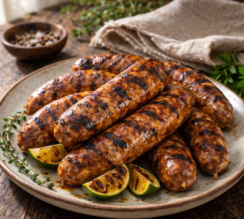 Grilled sausages on a plate with lime wedges and herbs on a wooden table.