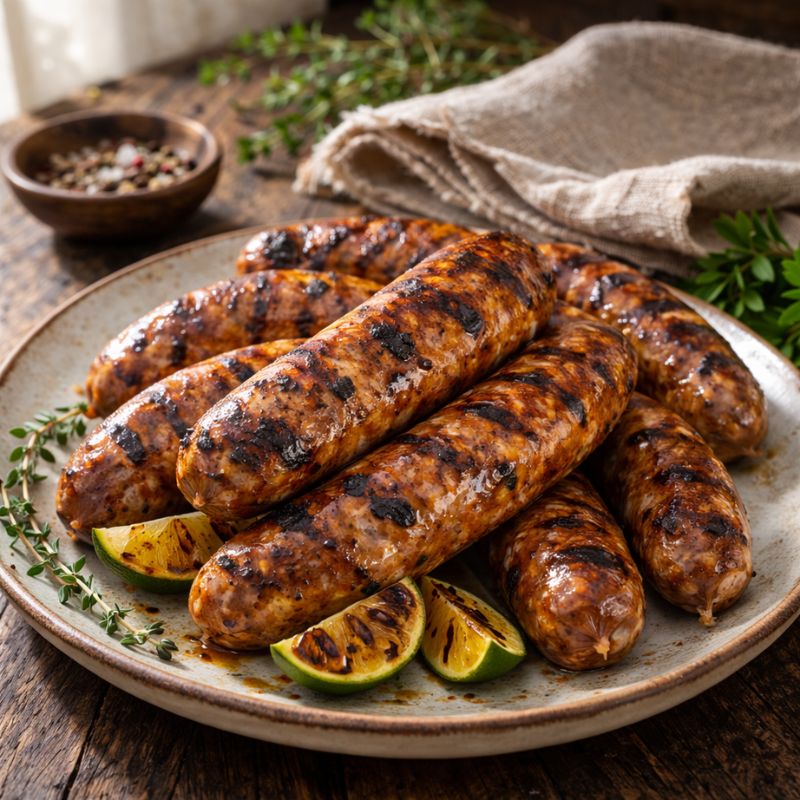 Grilled sausages on a plate with lime wedges and herbs on a wooden table.