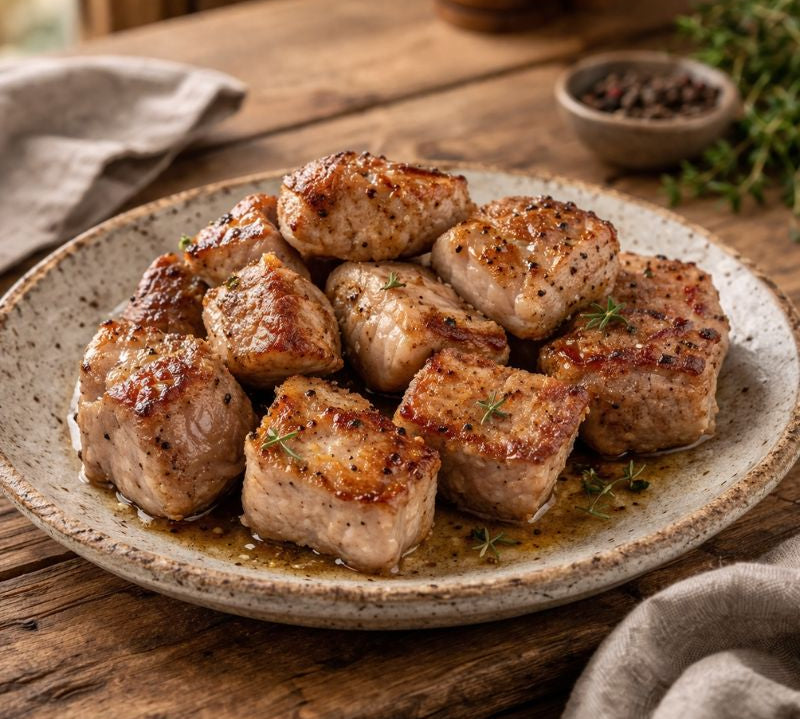 Plated dish of roasted pork medallions on a wooden table with herbs and spices.