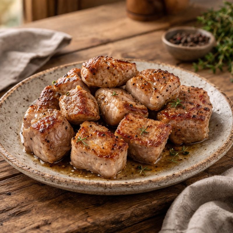 Plated dish of roasted pork medallions on a wooden table with herbs and spices.