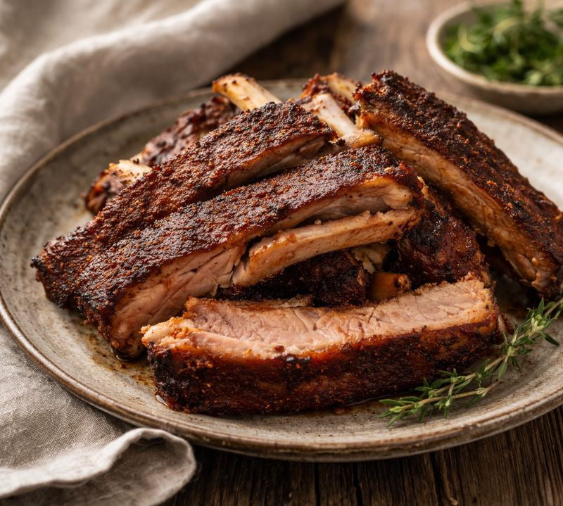 Sliced roasted pork ribs on a rustic plate with a bowl of greens in the background.