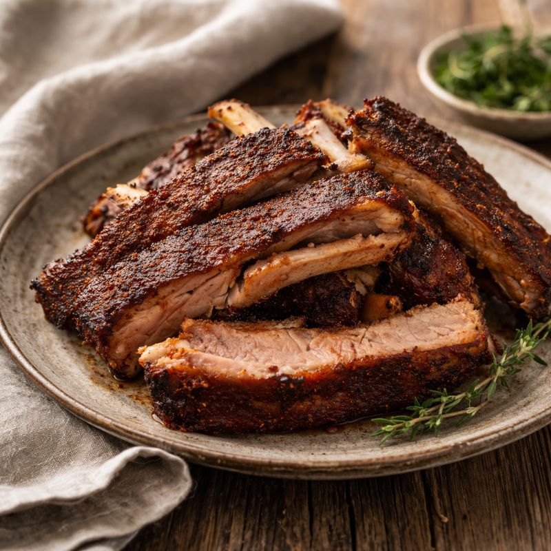 Sliced roasted pork ribs on a rustic plate with a bowl of greens in the background.