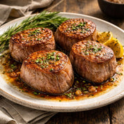 Four cooked meat dishes on a plate with herbs and lemon slices, served on a wooden table.