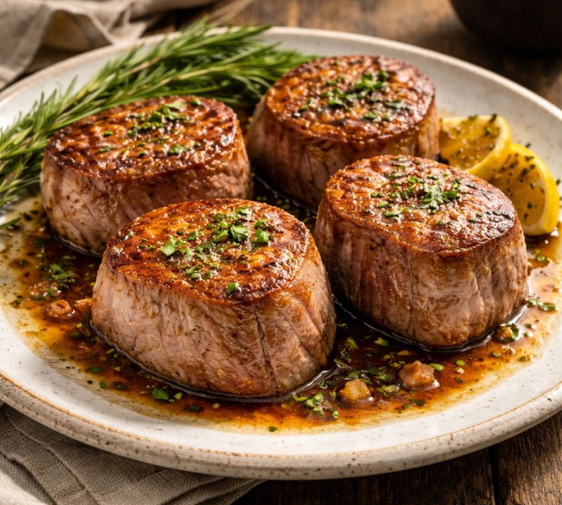 Four cooked meat dishes on a plate with herbs and lemon slices, served on a wooden table.