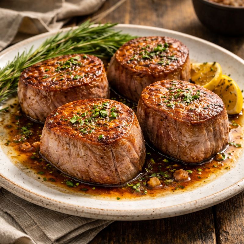 Four cooked meat dishes on a plate with herbs and lemon slices, served on a wooden table.