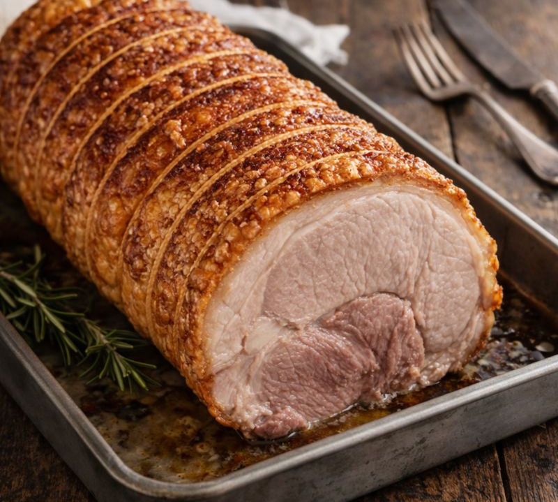 Roasted pork loin on a baking tray with a rustic background