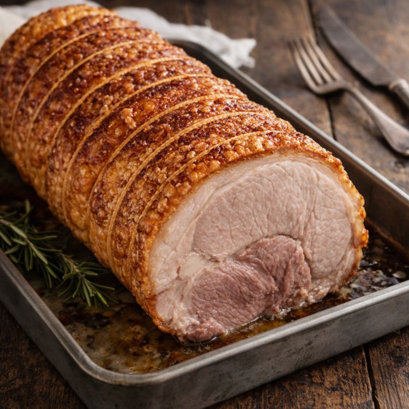 Roasted pork loin on a baking tray with a rustic background