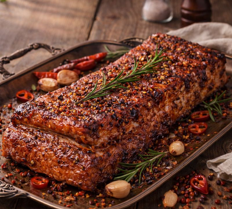 Roasted pork ribs with herbs and spices on a wooden surface