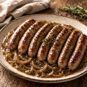 Platter of sausages with onions on a rustic wooden table