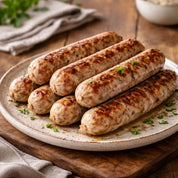 Platter of grilled sausages on a wooden surface with a cloth napkin.