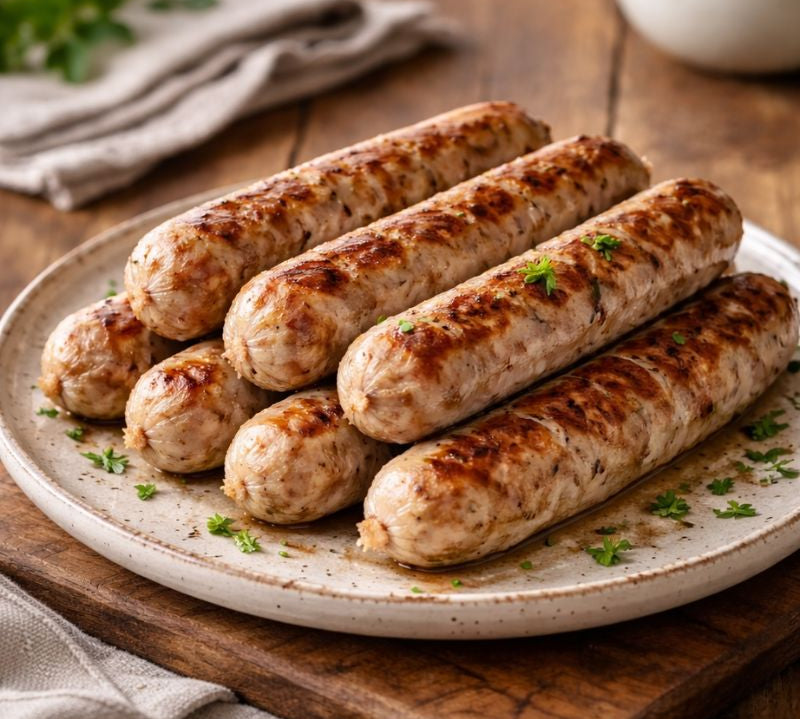 Platter of grilled sausages on a wooden surface with a cloth napkin.
