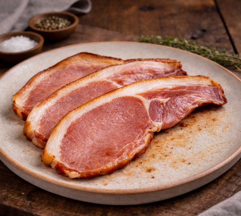 Slices of bacon on a ceramic plate with a wooden background