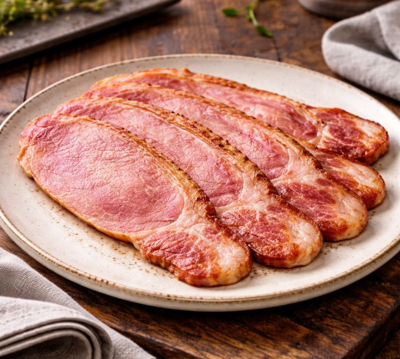 Slices of cooked unsmoked back bacon a ceramic plate with a wooden background