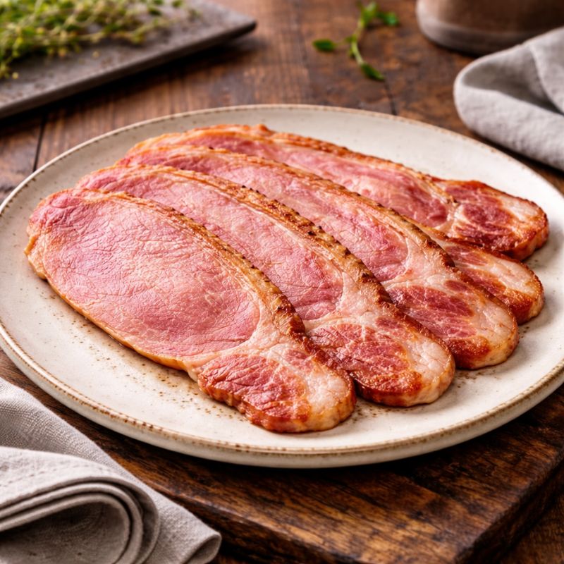 Slices of cooked unsmoked back bacon a ceramic plate with a wooden background