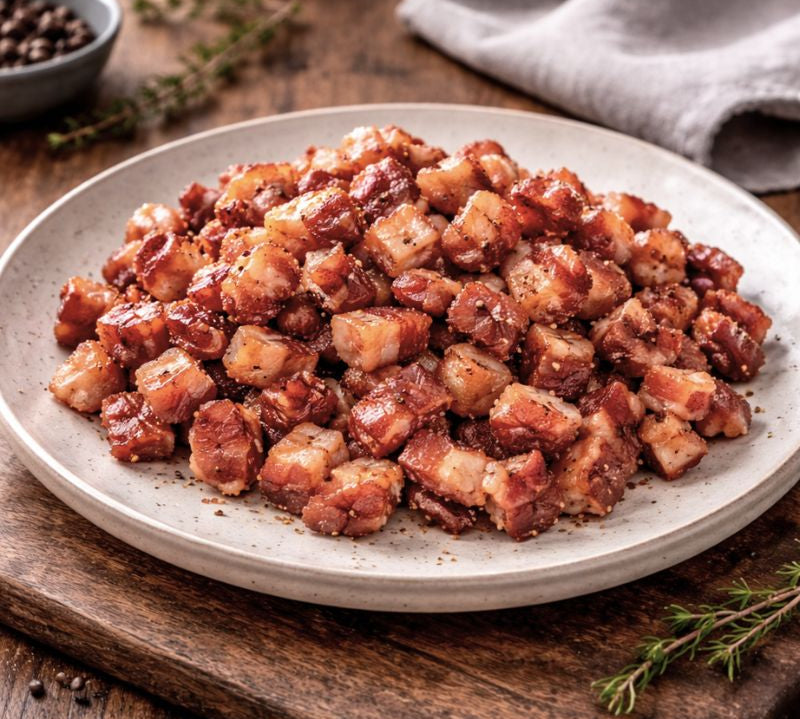 Plated dish of cooked bacon bits on a wooden surface with herbs and a towel.