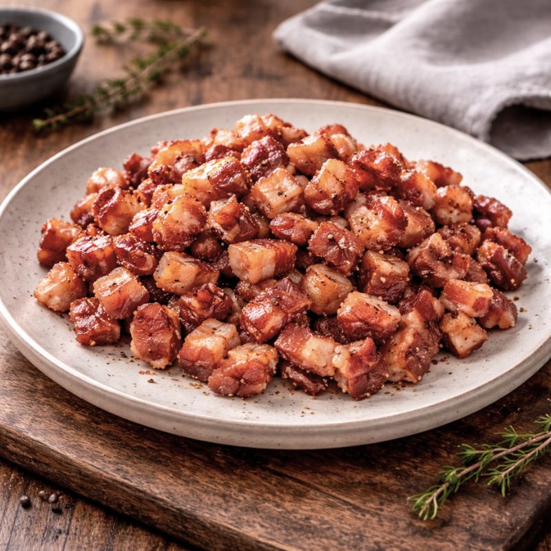 Plated dish of cooked bacon bits on a wooden surface with herbs and a towel.