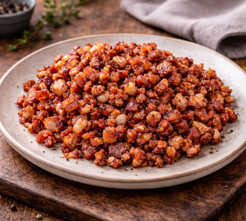 cooked Coarse minced smoked bacon on plate