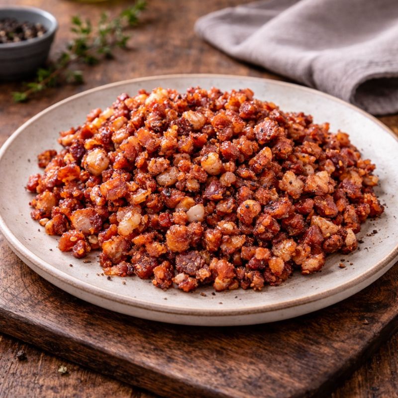 cooked Coarse minced smoked bacon on plate