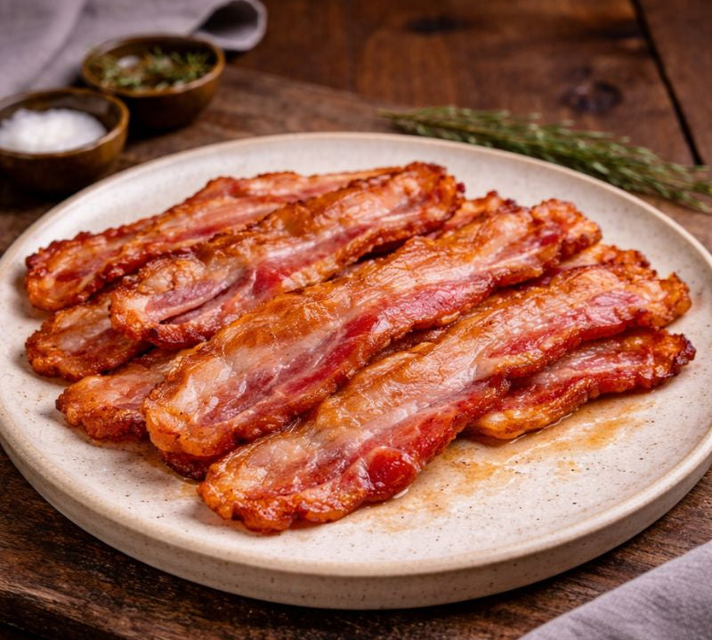 Slices of bacon on a ceramic plate with a wooden background