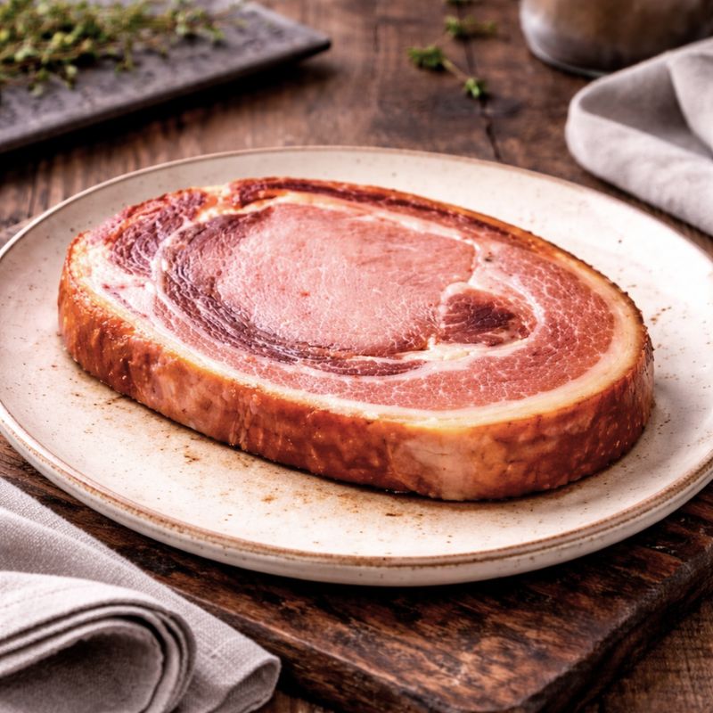 cooked smoked middle bacon on a plate with a wooden background