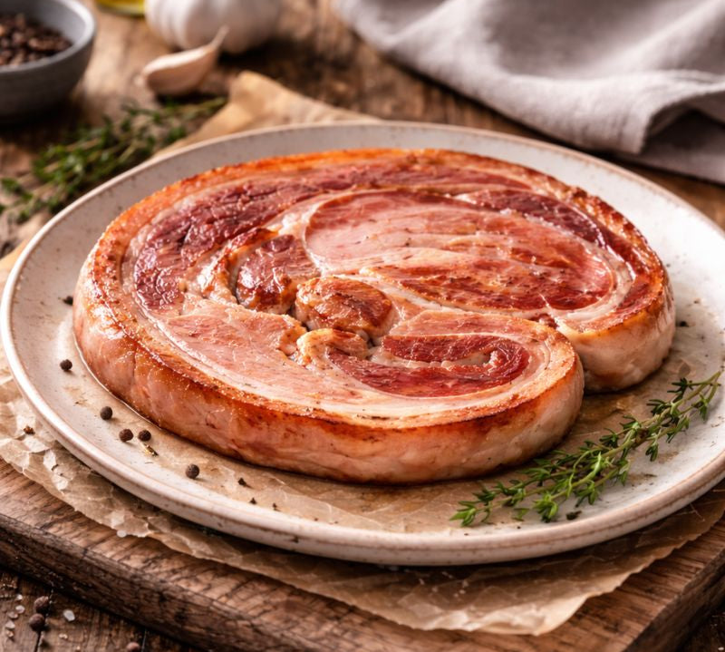 cooked middle bacon on a plate on a wooden table