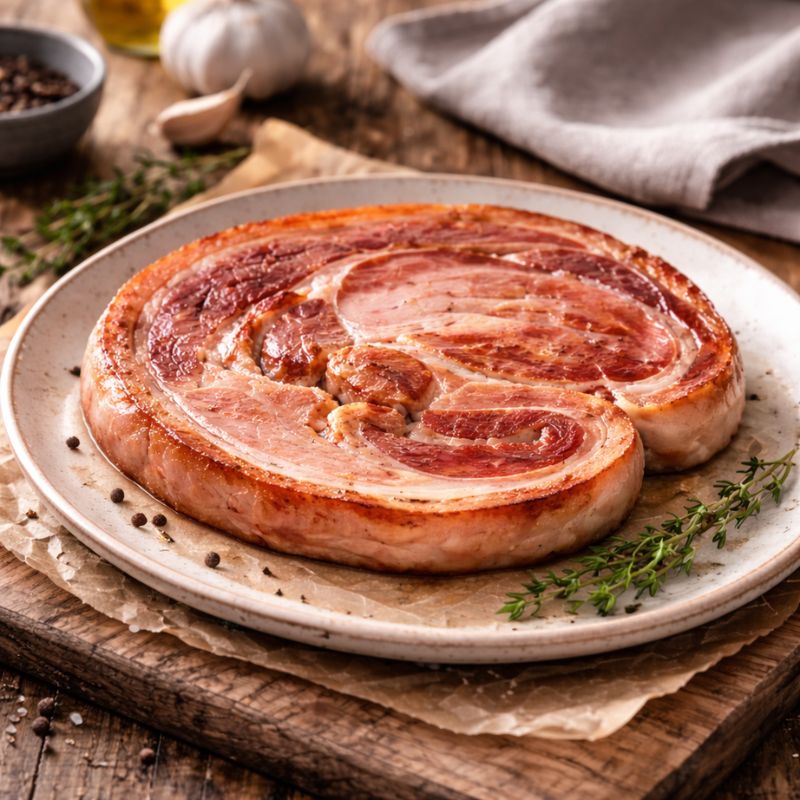 cooked middle bacon on a plate on a wooden table