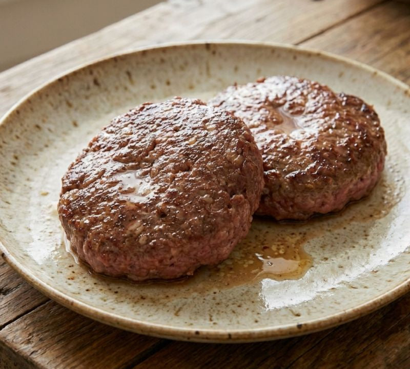 Two cooked patties on a speckled ceramic plate with a wooden background