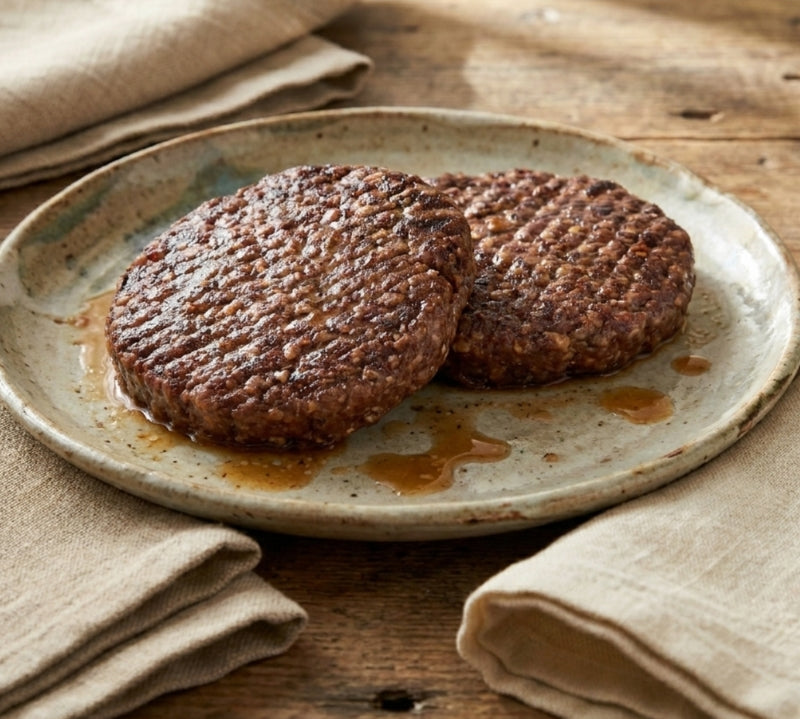 Two browned hamburger patties on a rustic ceramic plate with a wooden background.