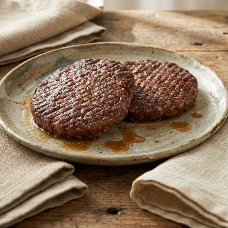 Two browned hamburger patties on a rustic ceramic plate with a wooden background.
