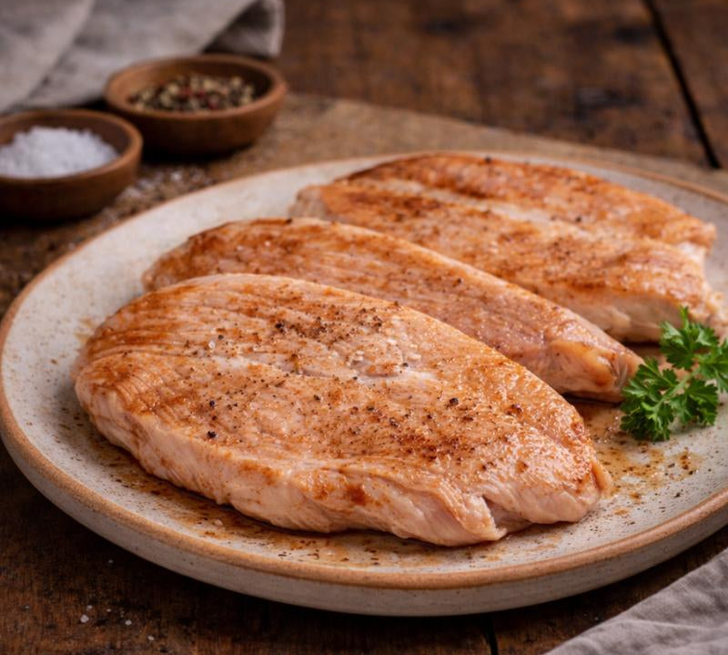 Three seasoned chicken breasts on a ceramic plate with a wooden background