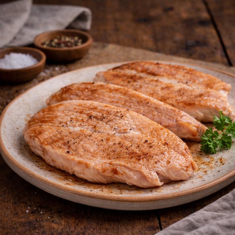 Three seasoned chicken breasts on a ceramic plate with a wooden background