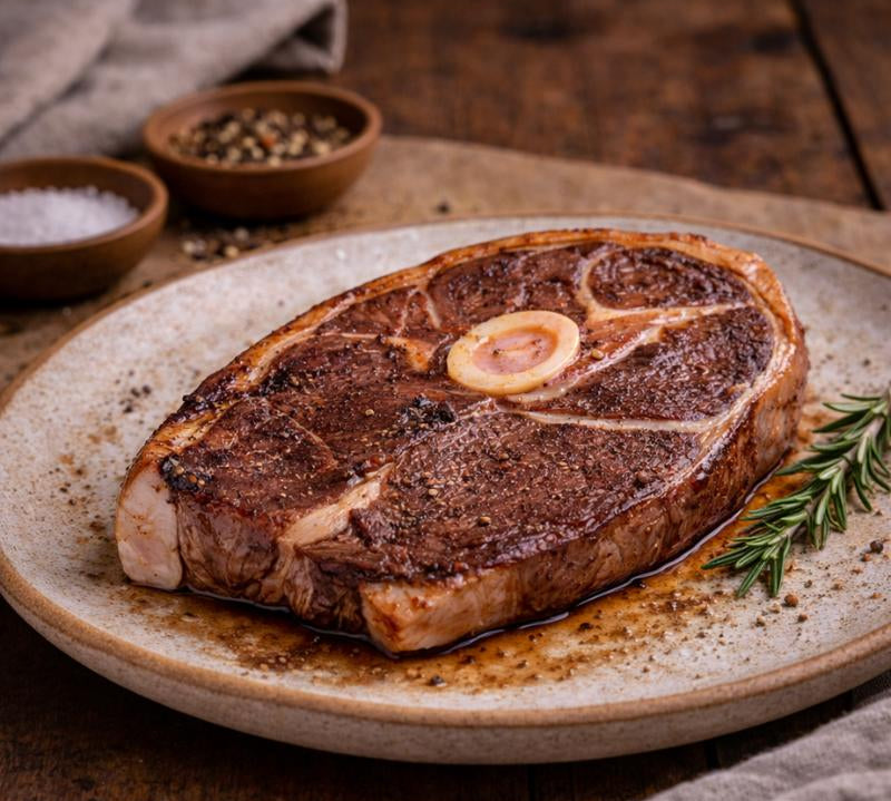 Grilled steak on a ceramic plate with rosemary, salt, and pepper in the background.